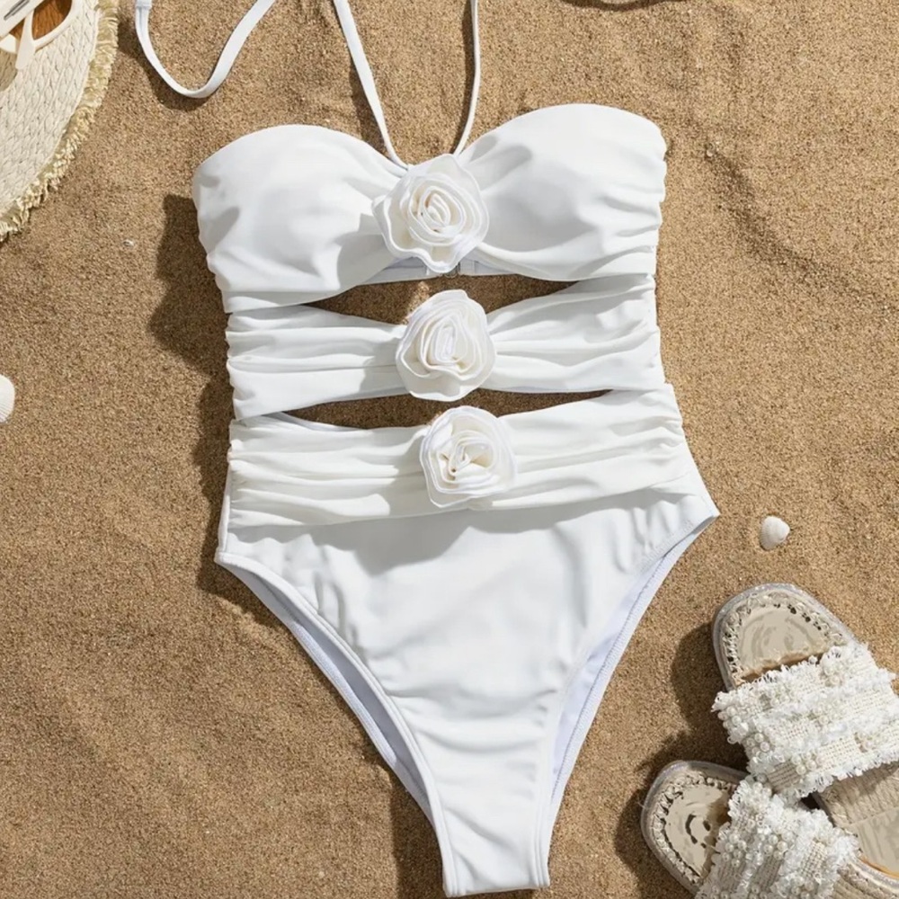 NWT White Bathing Suit- One Piece with 3D Flowers